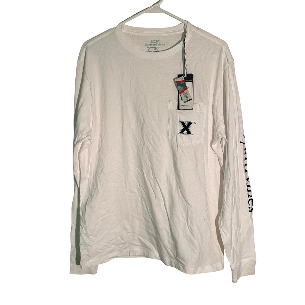 Vineyard Vines White Long Sleeve Tee with Navy Xavier University logo